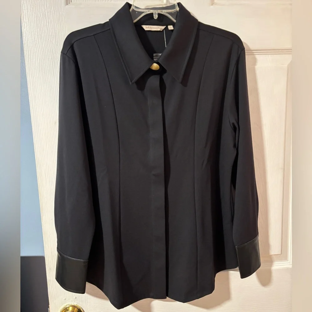 Soft Surroundings Black Mattea Faux Leather Cuff Tunic Shirt - Picture 2 of 12